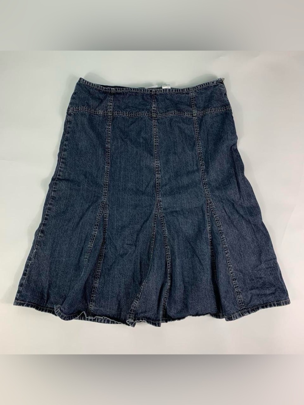 Liz & Co Paneled Denim Midi Skirt Dark Wash A Line Flare Cottagecore Boho Y2K